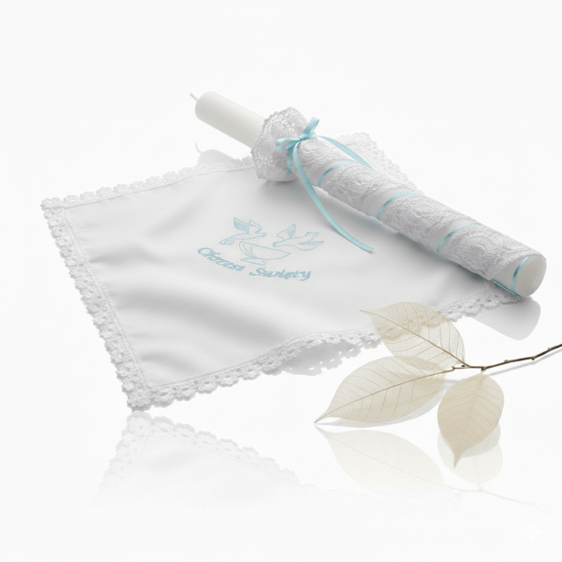 Elegancki zestaw na Chrzest z koronki koniakowskiej – niebieski | Linia KONIAKÓW