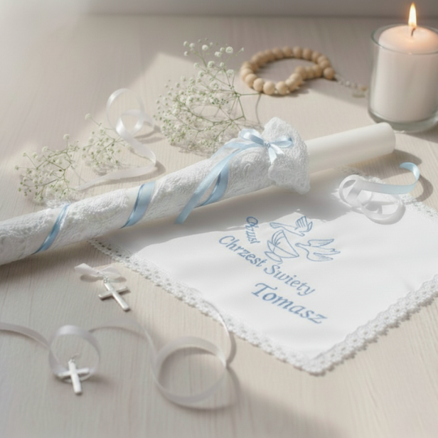 aranżacja hadtu komputerowego - Elegancki zestaw na Chrzest z koronki koniakowskiej – niebieski | Linia KONIAKÓW