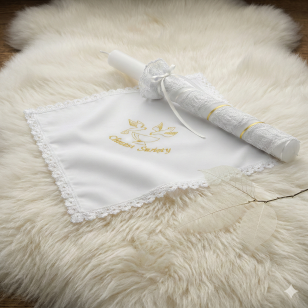 Elegancki zestaw na Chrzest z koronki koniakowskiej – złoty | Linia KONIAKÓW