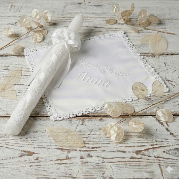 aranżacja haftu personalizacji - Elegancki zestaw na Chrzest z koronki koniakowskiej – biały | Linia KONIAKÓW