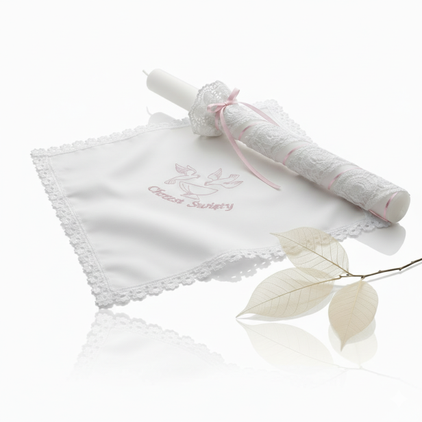 Elegancki zestaw na Chrzest z koronki koniakowskiej – różowy | Linia KONIAKÓW