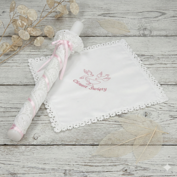 Klasyczny zestaw na Chrzest z koronki koniakowskiej – różowy | Linia KONIAKÓW