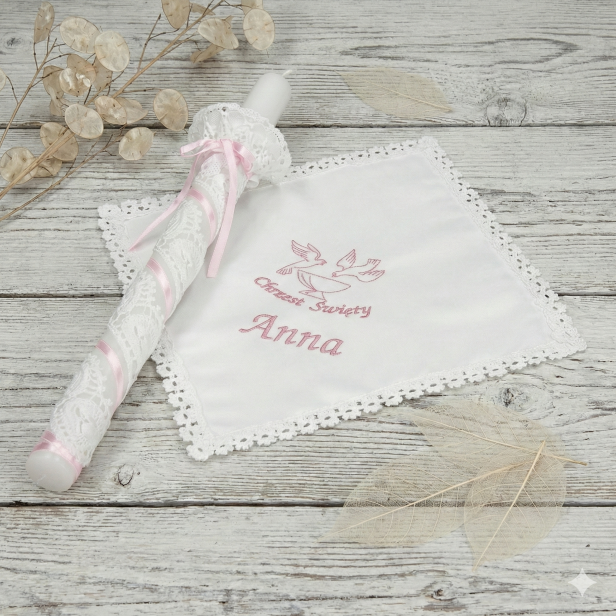 Personalizowany zestaw na Chrzest z koronki koniakowskiej – różowy | Linia KONIAKÓW