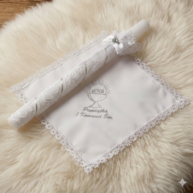 srebrny zestaw aranżacja Zestaw komunijny IHS z koronką koniakowską | Linia KONIAKÓW