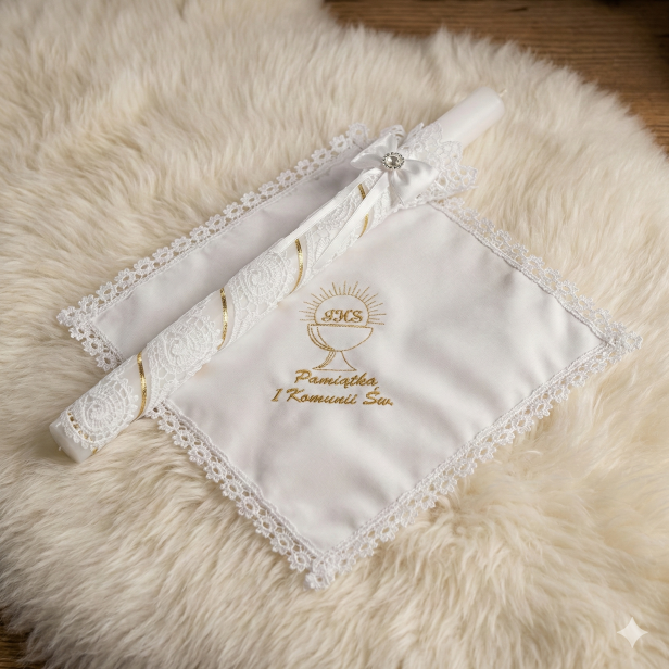 złoty zestaw aranżacja Zestaw komunijny IHS z koronką koniakowską | Linia KONIAKÓW