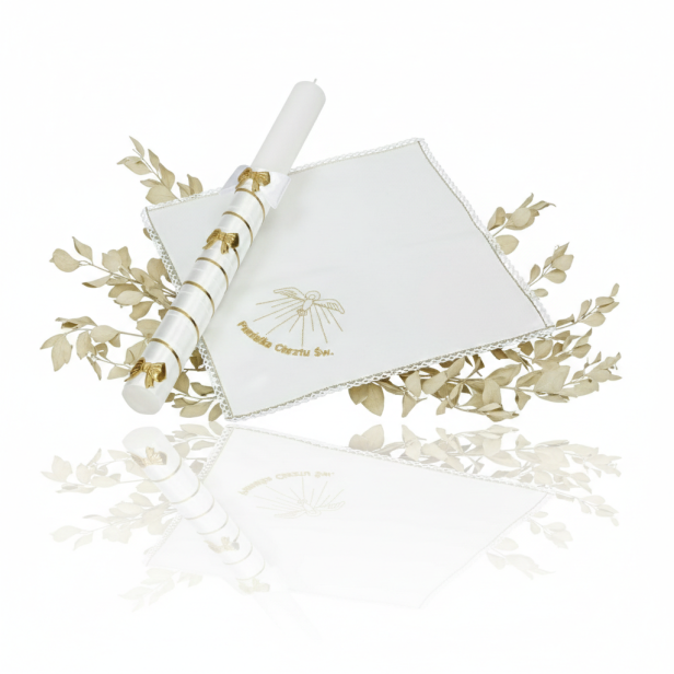 Zestaw do Chrztu „Złoty Atłas” – świeca i szatka z haftem, elegancka pamiątka Chrztu Świętego