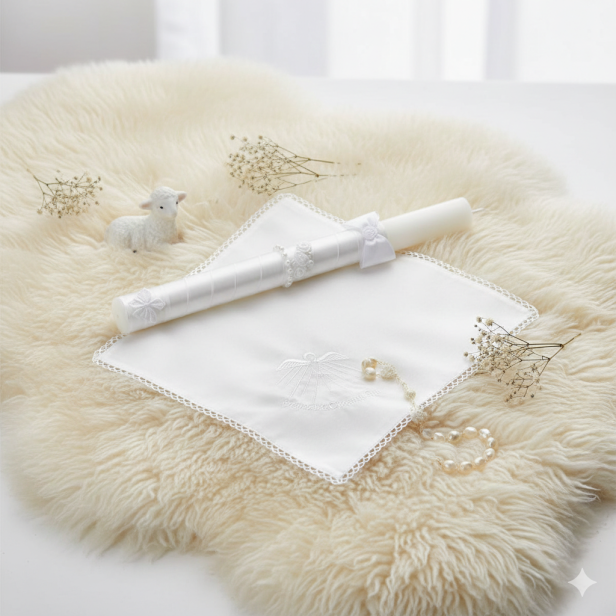 Zestaw do Chrztu „Biały Atłas” – świeca i szatka z haftem, klasyczna pamiątka Chrztu Świętego