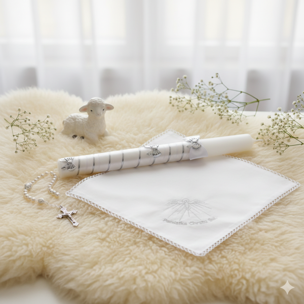 Zestaw do Chrztu „Srebrny Atłas” – świeca i szatka z haftem, elegancka pamiątka Chrztu Świętego