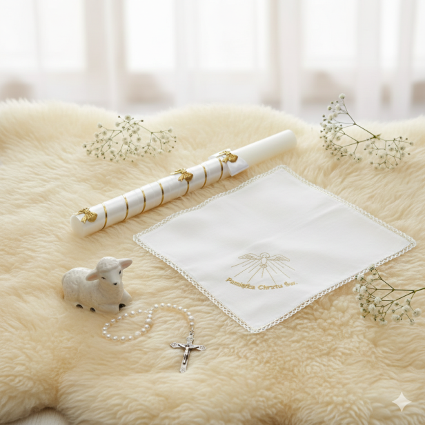 Zestaw do Chrztu „Złoty Atłas” – świeca i szatka z haftem, elegancka pamiątka Chrztu Świętego