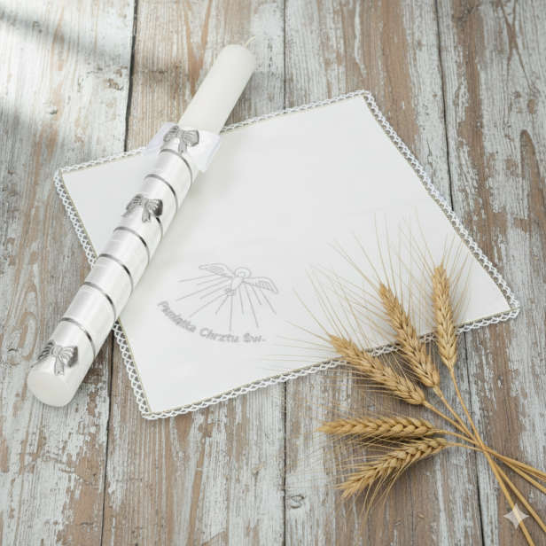 Zestaw do Chrztu „Srebrny Atłas” – świeca i szatka z haftem, elegancka pamiątka Chrztu Świętego