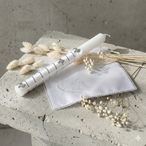 Zestaw do Chrztu „Srebrny Atłas” – świeca i szatka z haftem, elegancka pamiątka Chrztu Świętego