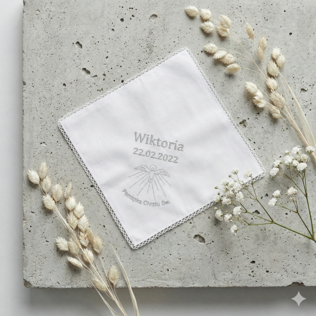 personalizacja - haft komputerowy - Zestaw do Chrztu „Srebrny Atłas” – świeca i szatka z haftem, elegancka pamiątka Chrztu Świętego