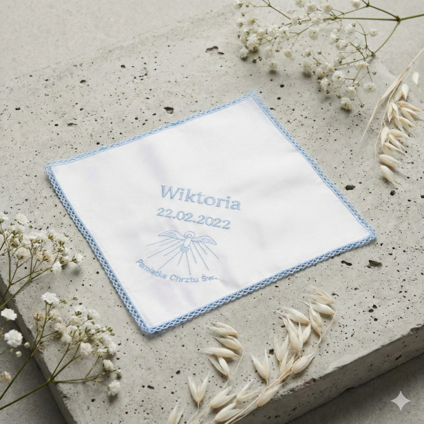 personalizacja - haft komputerowy - Zestaw do Chrztu „Błękitny Szyfon” – ręcznie zdobiona świeca i szatka z haftem, pamiątka Chrztu Świętego