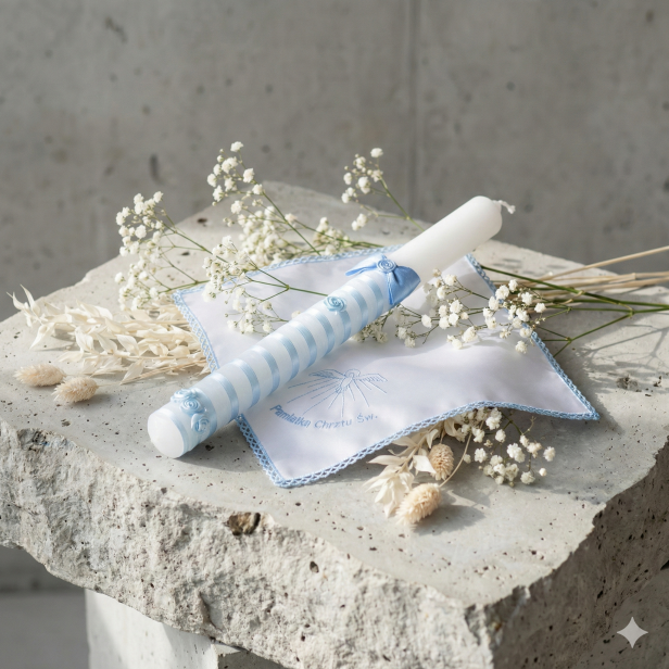 Zestaw do Chrztu „Błękitny Szyfon” – ręcznie zdobiona świeca i szatka z haftem, pamiątka Chrztu Świętego