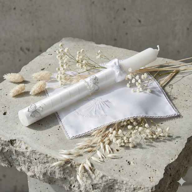 Zestaw do Chrztu „Biały Atłas” – świeca i szatka z haftem, klasyczna pamiątka Chrztu Świętego