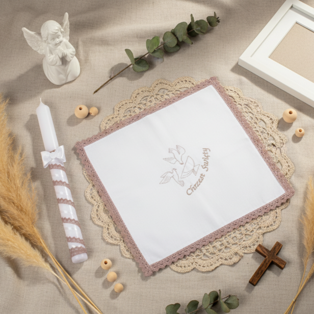 Zestaw do Chrztu KOLORY ZIEMI – Świeca i Szatka z Haftem | Piasek Pustyni lub Ziemia Afryki