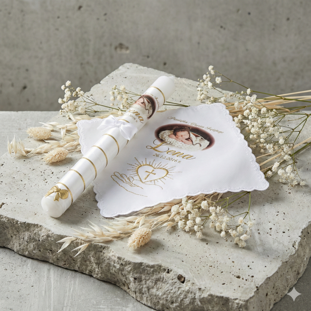 Zestaw do Chrztu ze zdjęciem dziecka – personalizowana świeca i szatka pamiątkowa