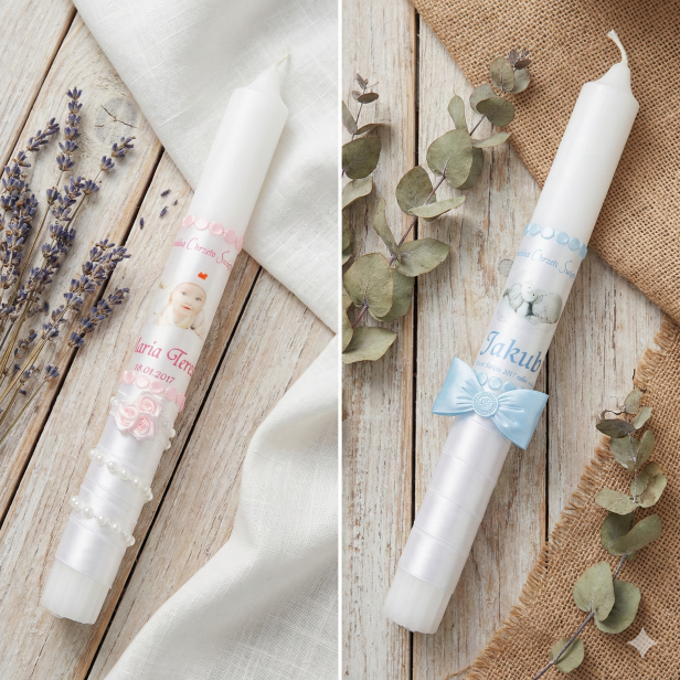 Zdobienie Biało różowe i Biało Niebieskie - Zestaw do Chrztu ze zdjęciem dziecka