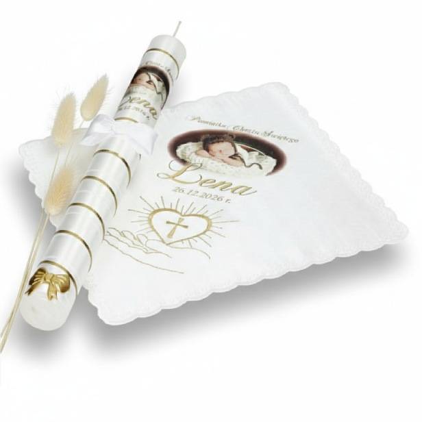 Zestaw do Chrztu ze zdjęciem dziecka – personalizowana świeca i szatka pamiątkowa