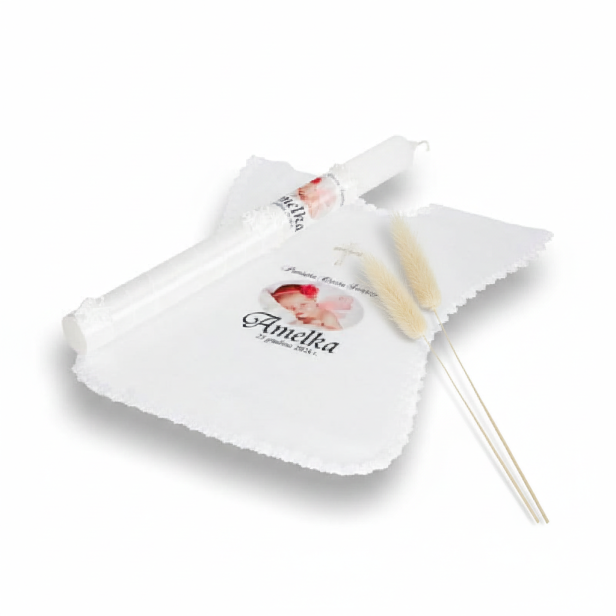 Zestaw do Chrztu ze zdjęciem dziecka – świeca i szatka koszulka z personalizacją