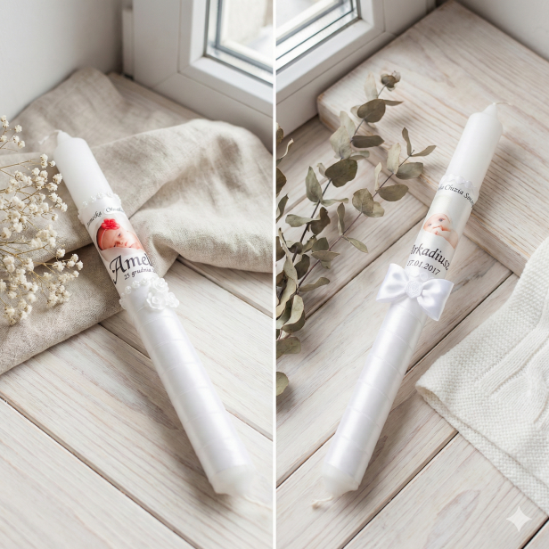 Zdobienie Białe perełki i Biała kokarda - Zestaw do Chrztu ze zdjęciem dziecka – świeca i szatka koszulka