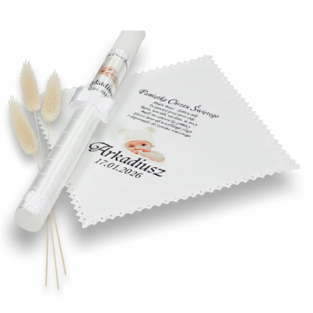 Zestaw do Chrztu ze zdjęciem – szatka z koronką i świeca z personalizacją