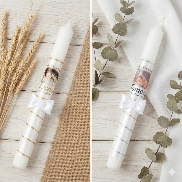 Zdobienie Srebrne i Złote - Zestaw do Chrztu ze zdjęciem – Szatka z koronką laserową i haftem Ducha Świętego