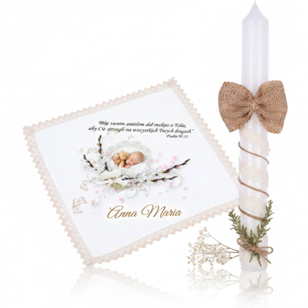 Eko zestaw KOLORY ZIEMI ♻ ŚWIECA I SZATKA z nadrukiem - Pamiątka Chrztu Gromnica na Chrzest