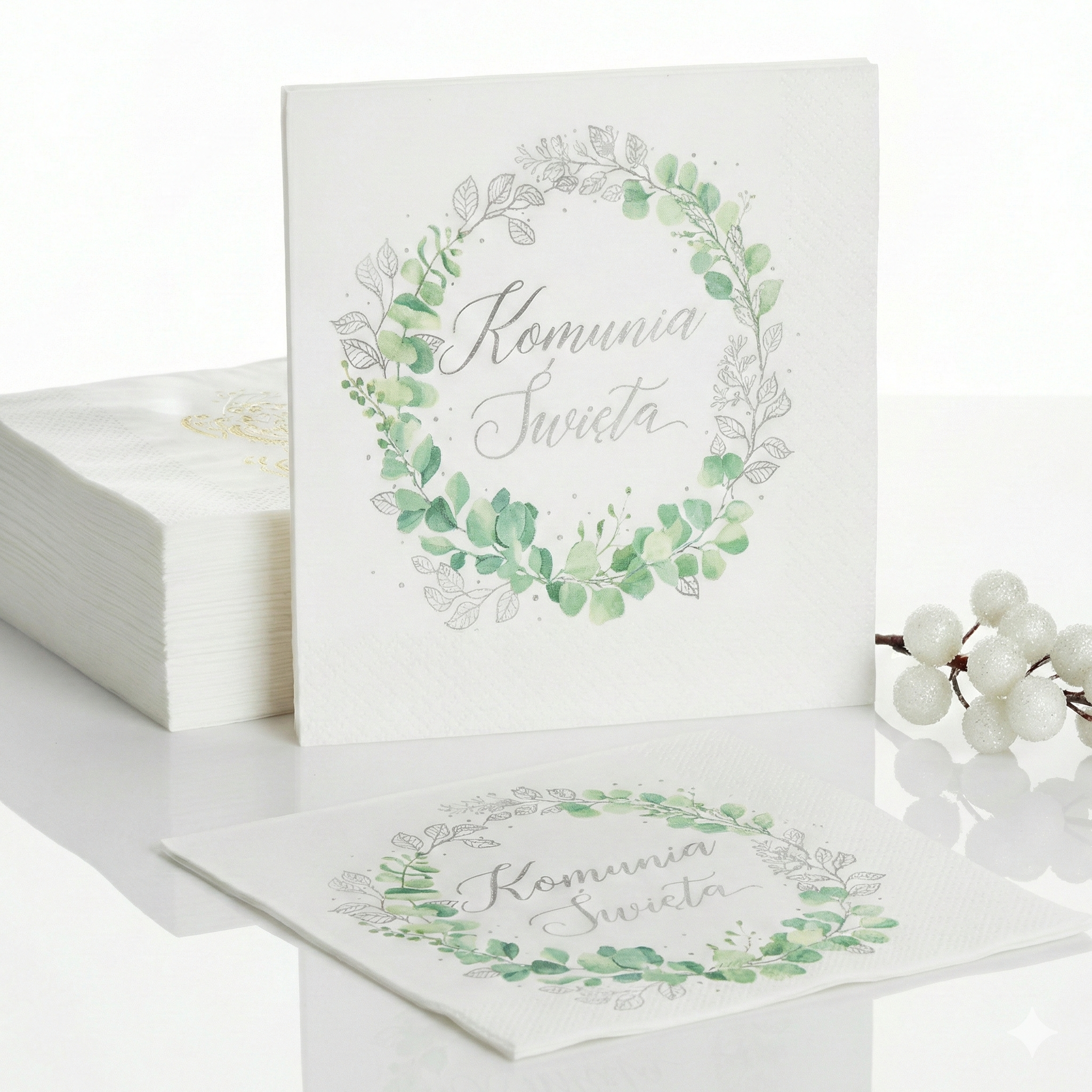 Serwetki komunijne „Komunia Święta – Eukaliptus srebrny” – 33×33 cm, 10 szt. | Dekoracja stołu