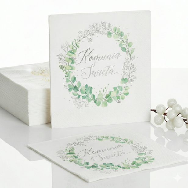 Serwetki komunijne „Komunia Święta – Eukaliptus srebrny” – 33×33 cm, 10 szt. | Dekoracja stołu