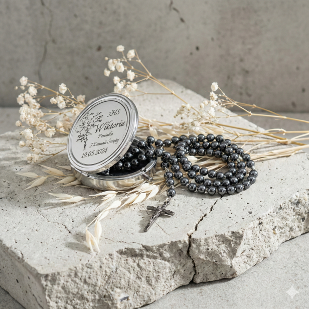 Różaniec komunijny Hematyt w pudełku z grawerem – pamiątka Pierwszej Komunii Świętej