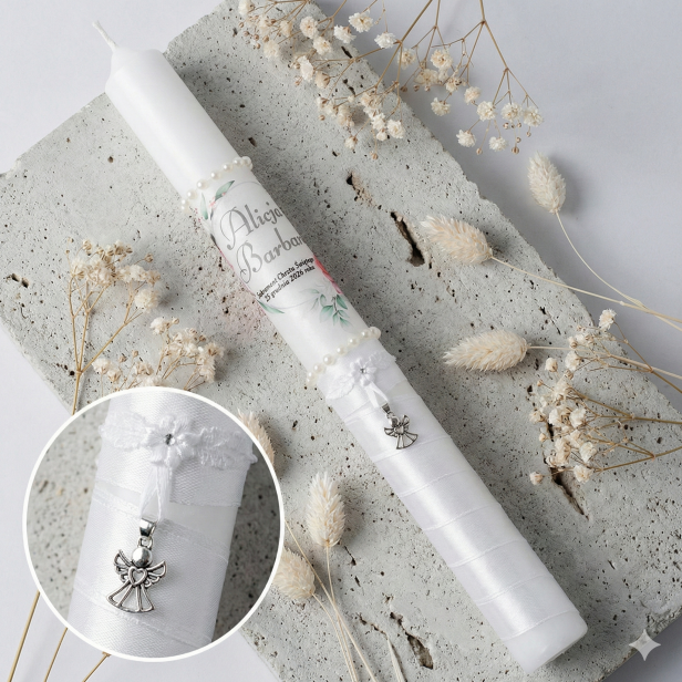 Zestaw do Chrztu Świeca Szatka Pudełko srebrny medalik Classic Angel