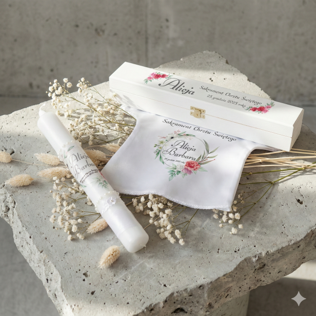 Zestaw do Chrztu Świeca Szatka Pudełko srebrny medalik Classic Angel