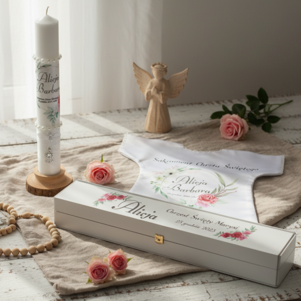 Zestaw do Chrztu Świeca Szatka Pudełko srebrny medalik Classic Angel