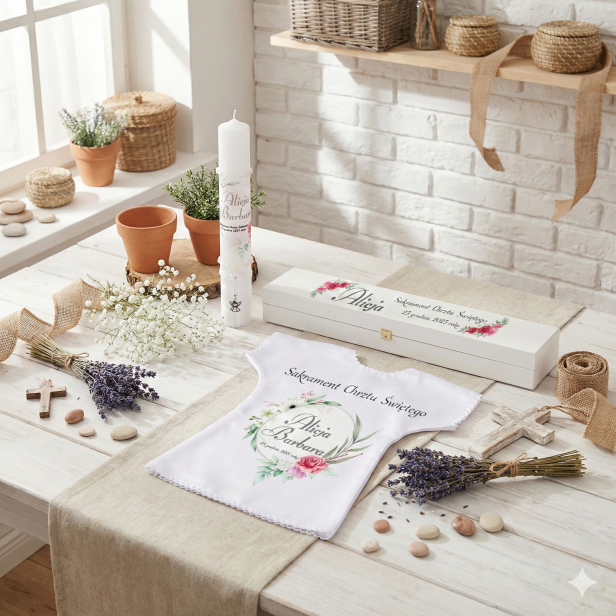 Zestaw do Chrztu Świeca Szatka Pudełko srebrny medalik Classic Angel