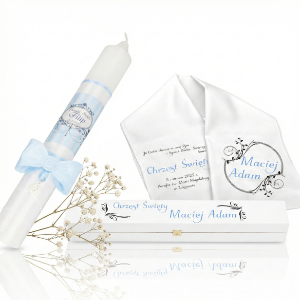 Zestaw do Chrztu Świeca Szatka Pudełko na Chrzest w stylu RETRO