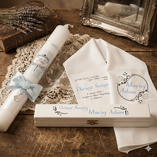 wersja NIEBESKA - Zestaw do Chrztu Świeca Szatka Pudełko na Chrzest w stylu RETRO