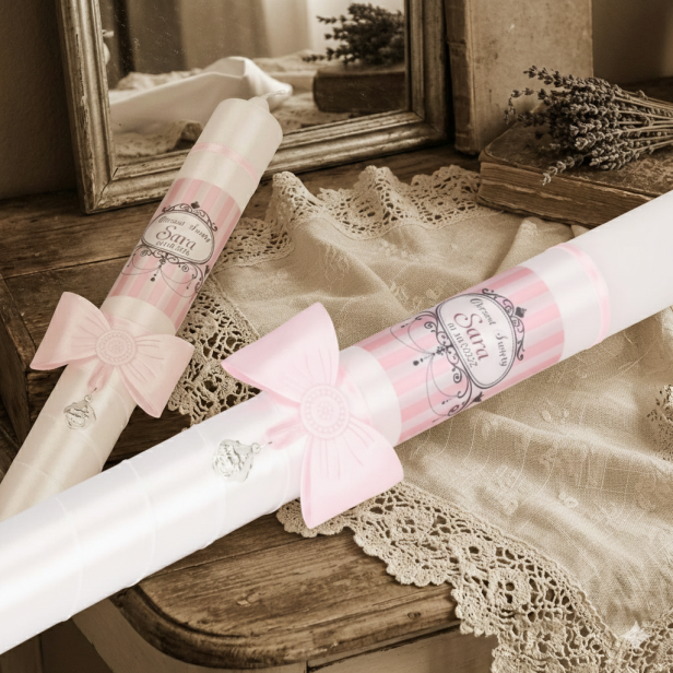 zdobienie świecy RÓŻOWA - Zestaw do Chrztu Świeca Szatka Pudełko na Chrzest w stylu RETRO