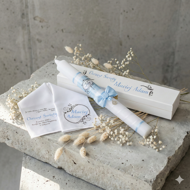 Zestaw do Chrztu Świeca Szatka Pudełko na Chrzest w stylu RETRO