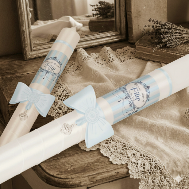 zdobienie świecy NIEBESKA - Zestaw do Chrztu Świeca Szatka Pudełko na Chrzest w stylu RETRO