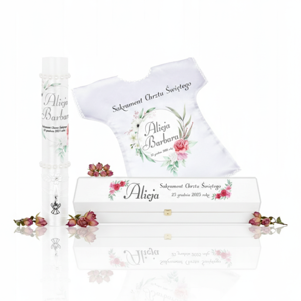Zestaw do Chrztu Świeca Szatka Pudełko srebrny medalik Classic Angel