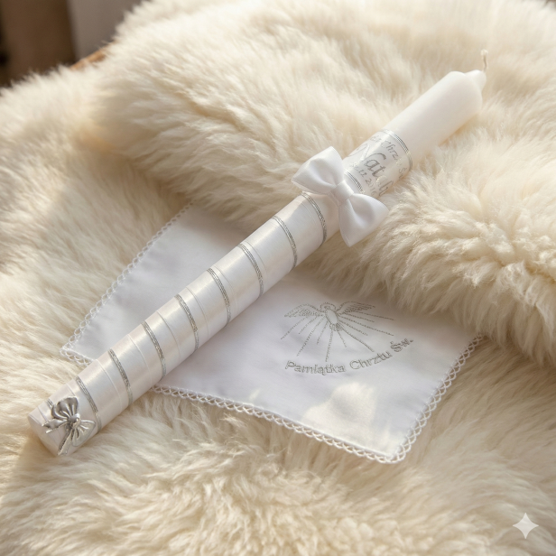 Srebrny zestaw do Chrztu – świeca z imieniem i datą oraz haftowana szatka