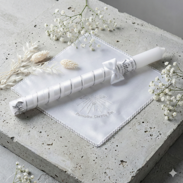 Srebrny zestaw do Chrztu – świeca z imieniem i datą oraz haftowana szatka