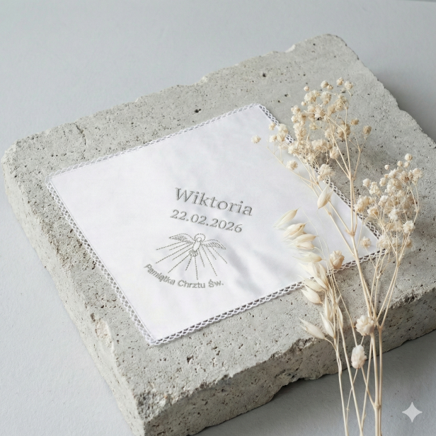 Srebrny zestaw do Chrztu – świeca z imieniem i datą oraz haftowana szatka