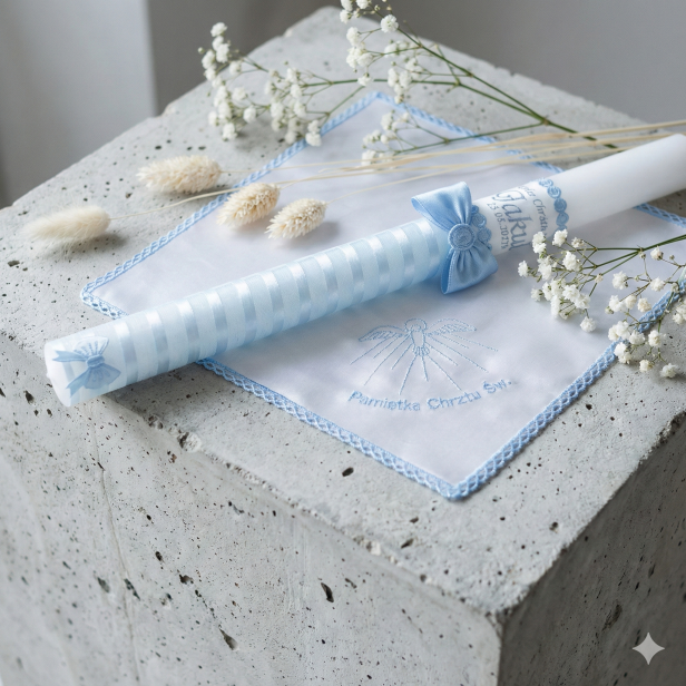 Niebieski zestaw do Chrztu – świeca z imieniem i datą oraz szatka z haftem