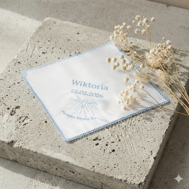 haft komputerowy Niebieski zestaw do Chrztu – świeca z imieniem i datą oraz szatka z haftem