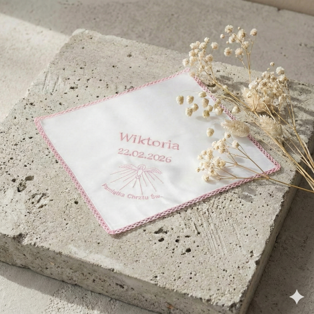 haft komputerowy Różowy zestaw do Chrztu – świeca z imieniem i datą oraz szatka z haftem