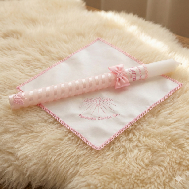 Różowy zestaw do Chrztu – świeca z imieniem i datą oraz szatka z haftem