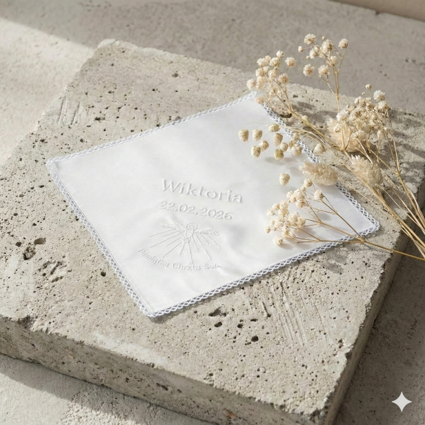 Biały zestaw do Chrztu – świeca z imieniem i datą oraz haftowana szatka