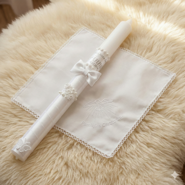 Biały zestaw do Chrztu – świeca z imieniem i datą oraz haftowana szatka